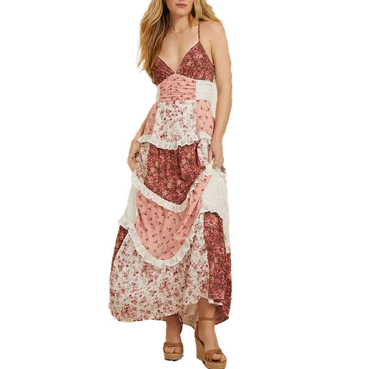 Damen Maxikleid mit zarten Rüschen und floralen Patchwork-Design W&W Mode