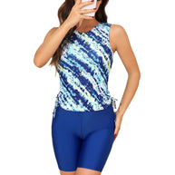 Damen Sportliches Tankini-Set mit modischem Wasserfarbmuster und bequemen Shorts WW