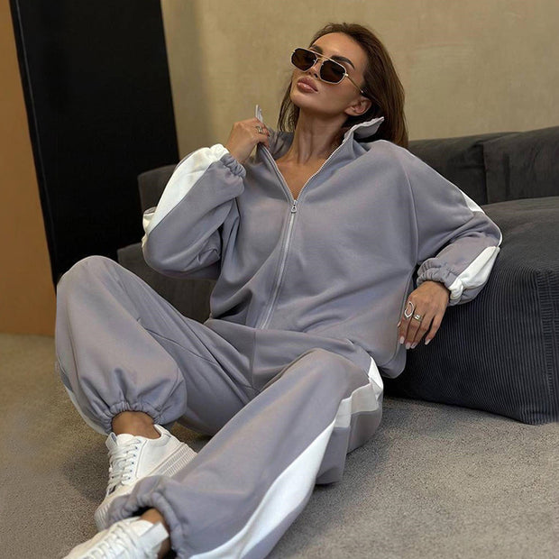 Damen sportlicher Fleece-Jogginganzug mit hohem Kragen und seitlichen Nähten WW