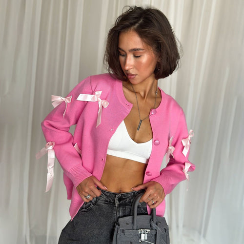 Damen raffinierte Strickjacke mit dekorativen Schleifen WW