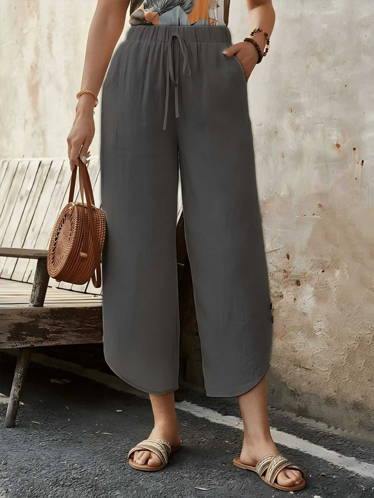 Damen luftige Leinenhose mit elastischem Bund und praktischen Taschen WW