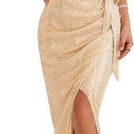 Damen asymmetrisches Abendkleid mit Pailletten und hohem Schlitz WW