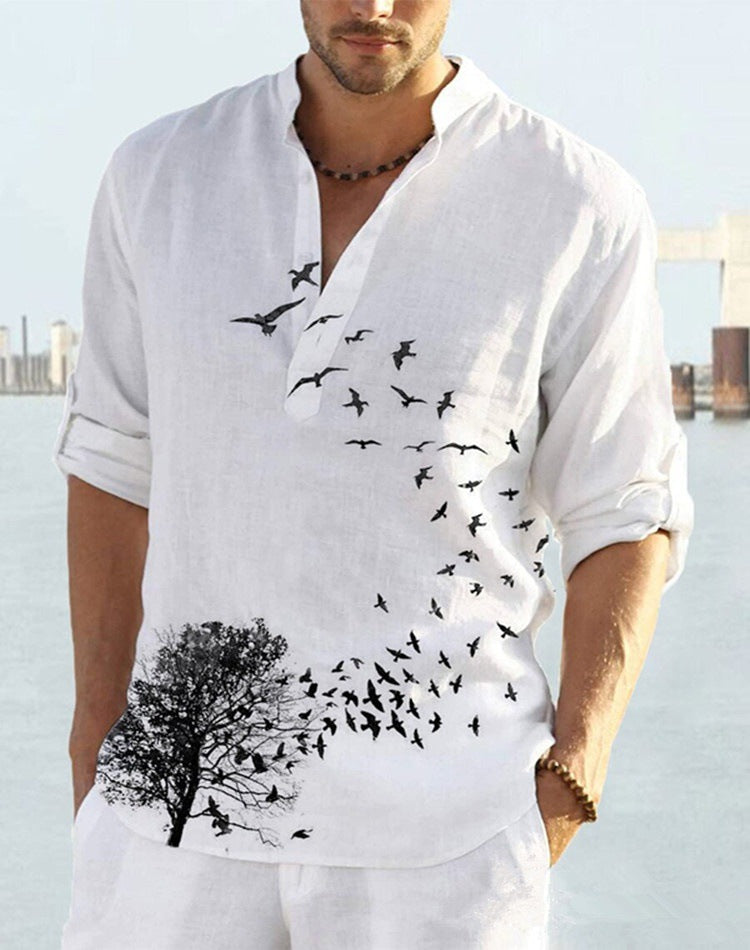 Herren Leinenhemd mit einzigartigem Federdesign und modischem Henley-Ausschnitt WW
