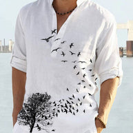 Herren Leinenhemd mit einzigartigem Federdesign und modischem Henley-Ausschnitt WW