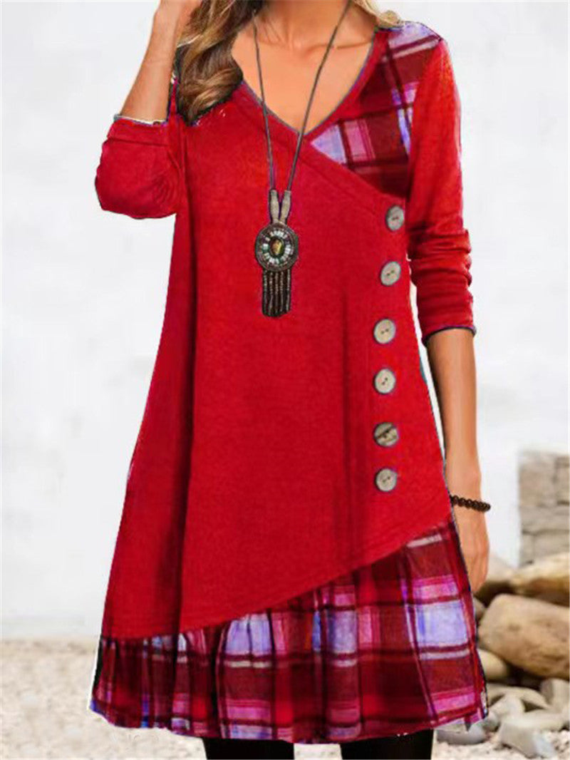 Damen asymmetrisches Freizeitkleid mit kariertem Saum und Knopfdetail WW