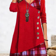 Damen asymmetrisches Freizeitkleid mit kariertem Saum und Knopfdetail WW