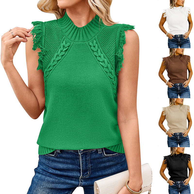 Damen elegantes Stricktop mit raffiniertem Häkelmuster und Fransen WW