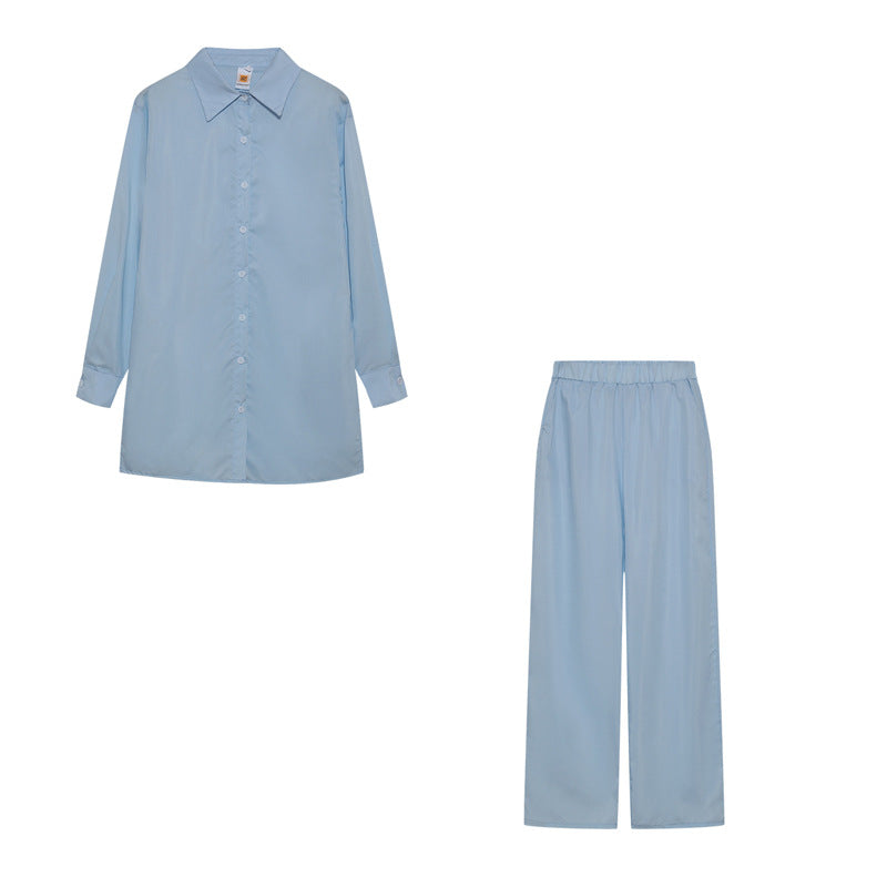 Damen Satin Pyjama Set mit langärmliger Bluse und weiten Hosen WW