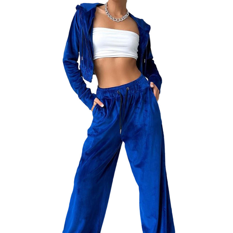 Damen Sportliches Freizeit-Set mit lässiger Kapuzenjacke und weit geschnittenen Hosen WW
