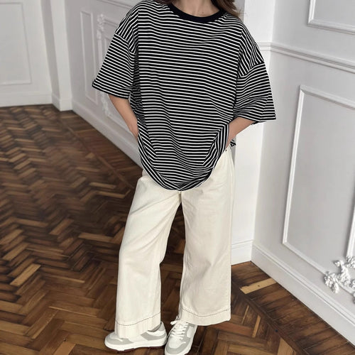Damen Oversized Streifen-T-Shirt W&W Mode