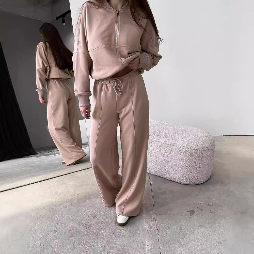 Damen Sportliches Lounge-Set mit Reißverschlussjacke und weiten Hosen WW