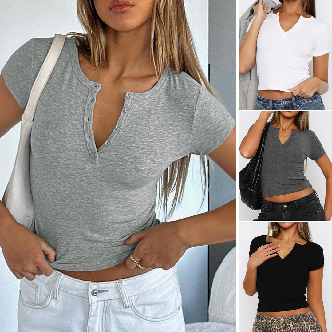 Damen figurbetontes Cropped T-Shirt mit kurzem Arm und Knopfleiste W&W Mode
