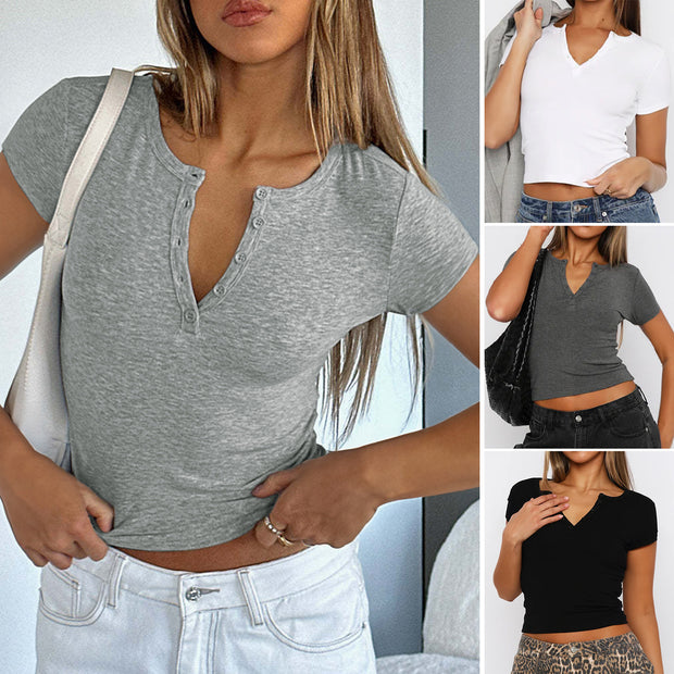 Damen figurbetontes Cropped T-Shirt mit kurzem Arm und Knopfleiste WW
