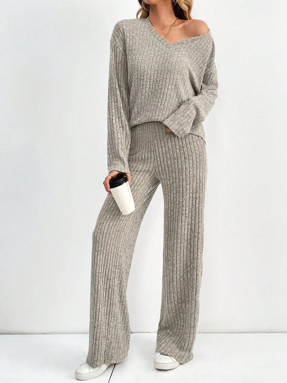 Damen bequemes Lounge-Set mit V-Ausschnitt und weitem Schnitt WW