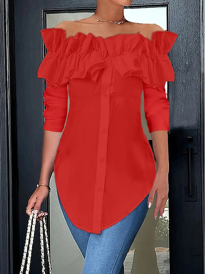 Damen Bluse mit schulterfreiem Design und voluminösen Rüschendetails WW