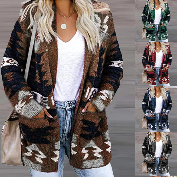 Damen stilvolle Strickjacke mit asymmetrischem Muster und aufgesetzten Taschen WW