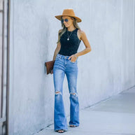 Damen Schlagjeans mit Distressed-Details und hohem Bund WW