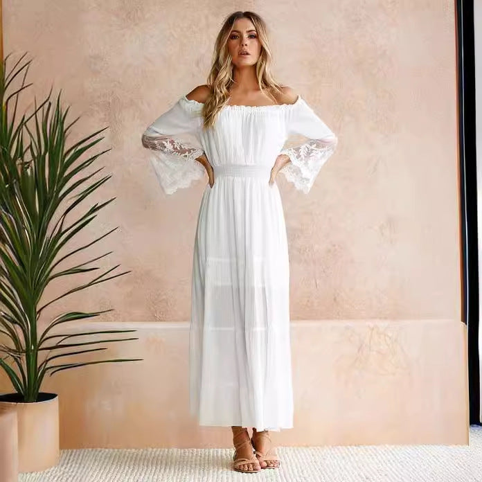 WW | Off-Shoulder Spitze Eingesetzte Glockenärmel Maxikleid