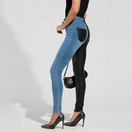 Damen Skinny Jeans mit kombiniertem Denim- und Leder-Look WW