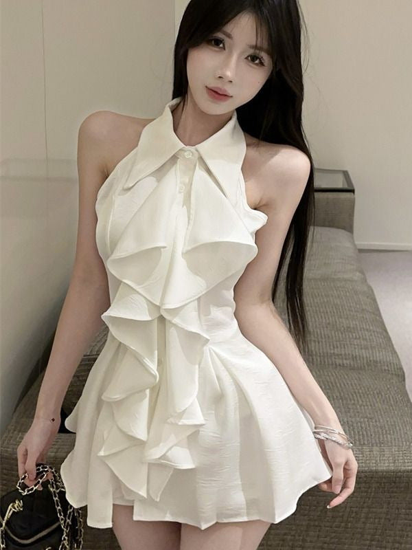 Damen Chiffon Kleid mit voluminösen Rüschendetails und elegantem Stehkragen W&W Mode
