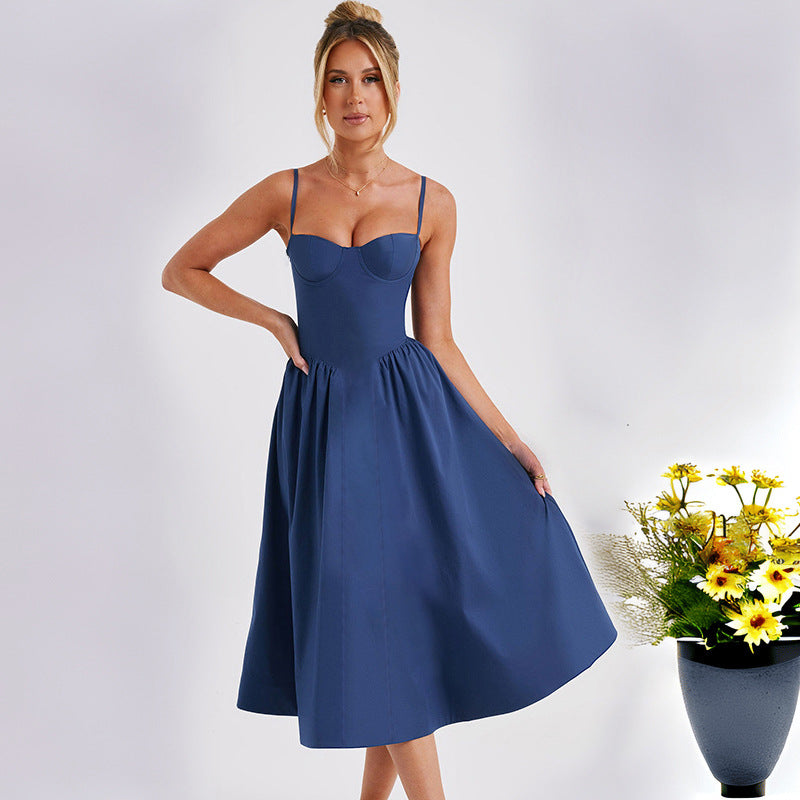 Damen Midi-Kleid mit eleganter Bustier-Oberfläche und schwingendem Rock WW