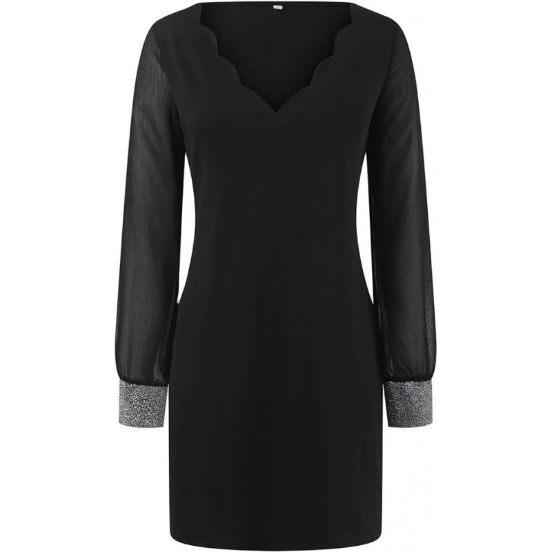 Damen Abendkleid mit transparenten Ärmeln und elegantem V-Ausschnitt WW