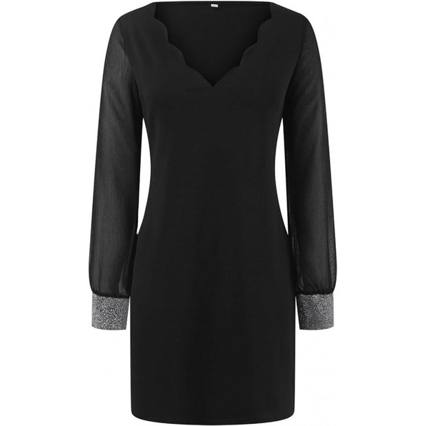Damen Abendkleid mit transparenten Ärmeln und elegantem V-Ausschnitt WW