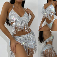 Damen fransiger Bikini-Satz mit glitzernden Pailletten und zarten Verzierungen W&W
