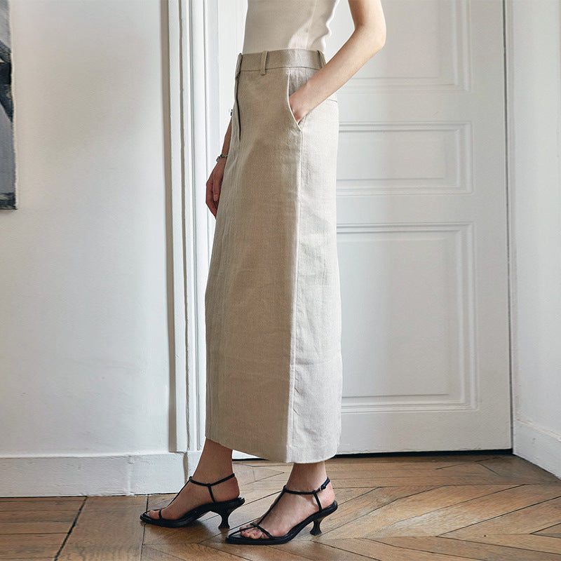Damen Leinen Maxi-Rock mit hoher Taille und eleganten Bügelfalten W&W Mode