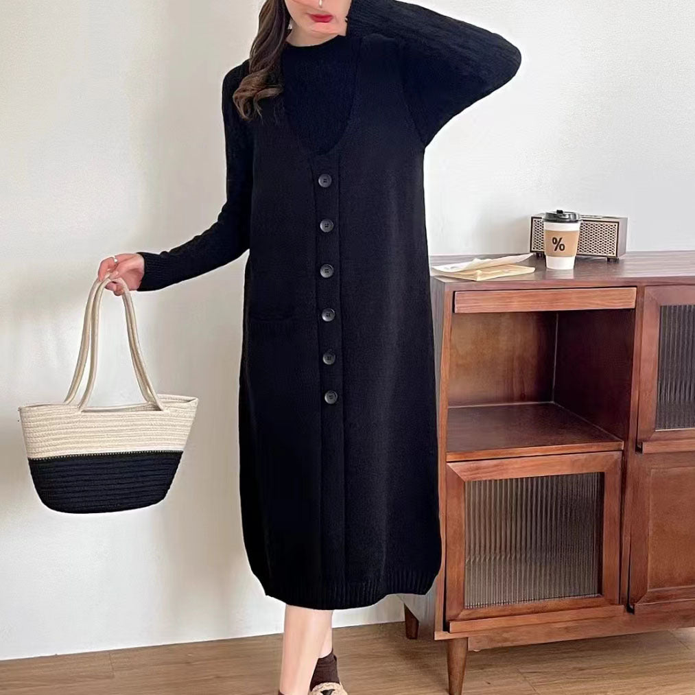 Damen Strapazierfähiges Strickkleid mit Knopfleiste und Taschen WW