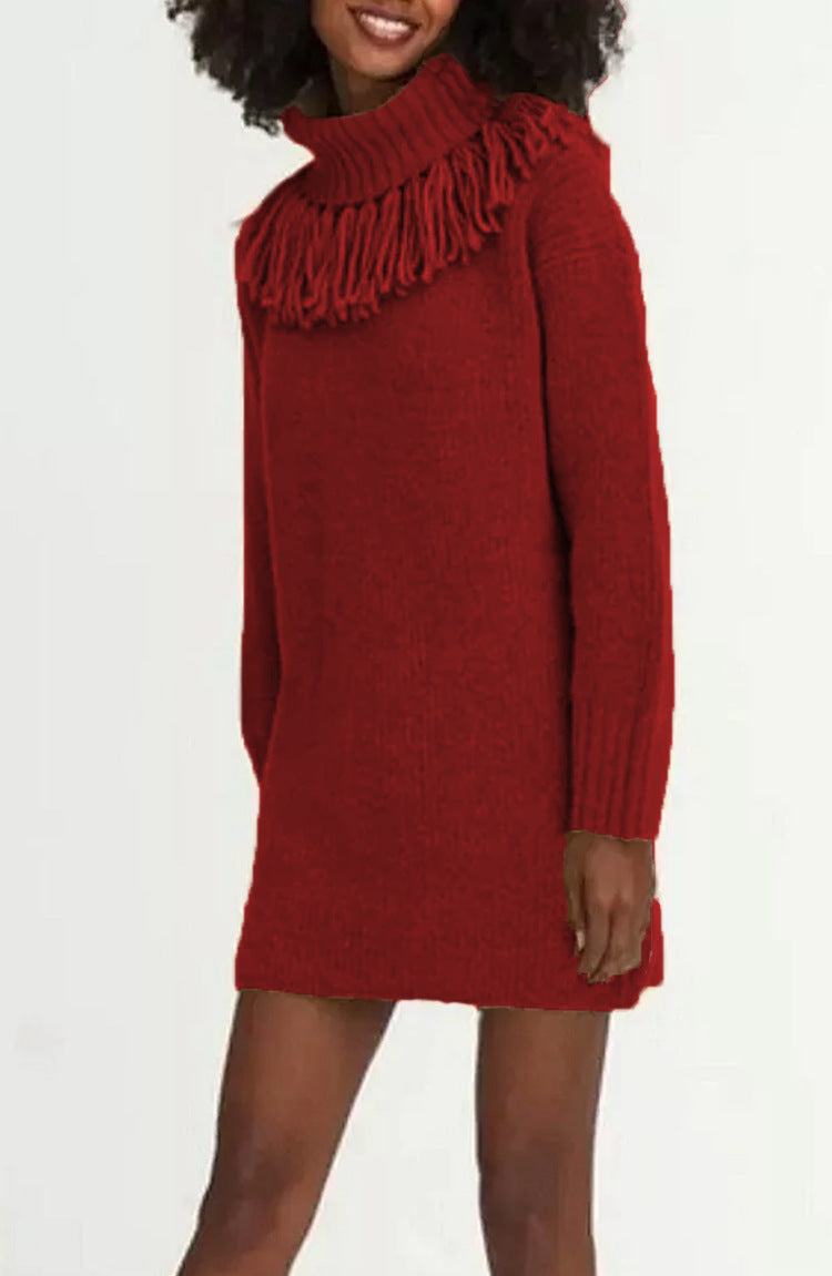 Damen Strickkleid mit Fransenkragen und gerippten Ärmeln WW