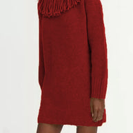 Damen Strickkleid mit Fransenkragen und gerippten Ärmeln WW