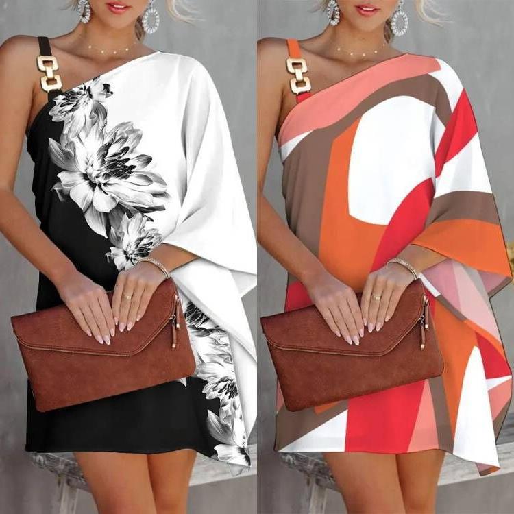 Damen asymmetrisches Modekleid mit floralem Design und elegantem Träger WW