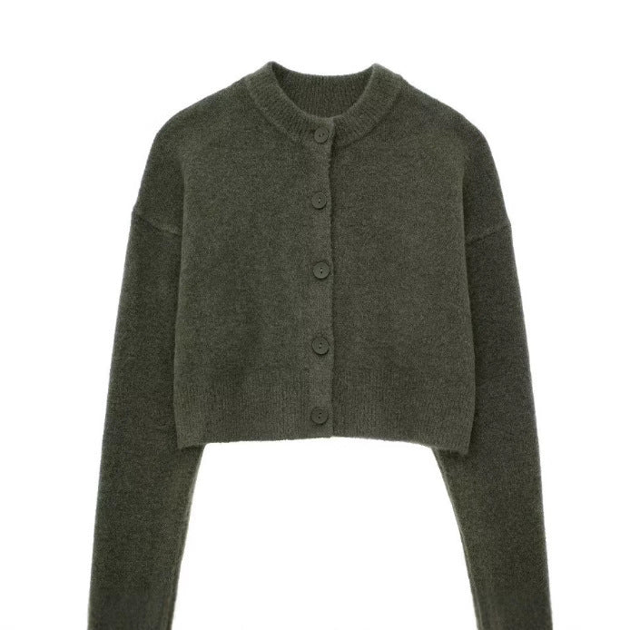 Damen kurze Strickjacke mit Knopfleiste und elegantem Rundhalsausschnitt WW