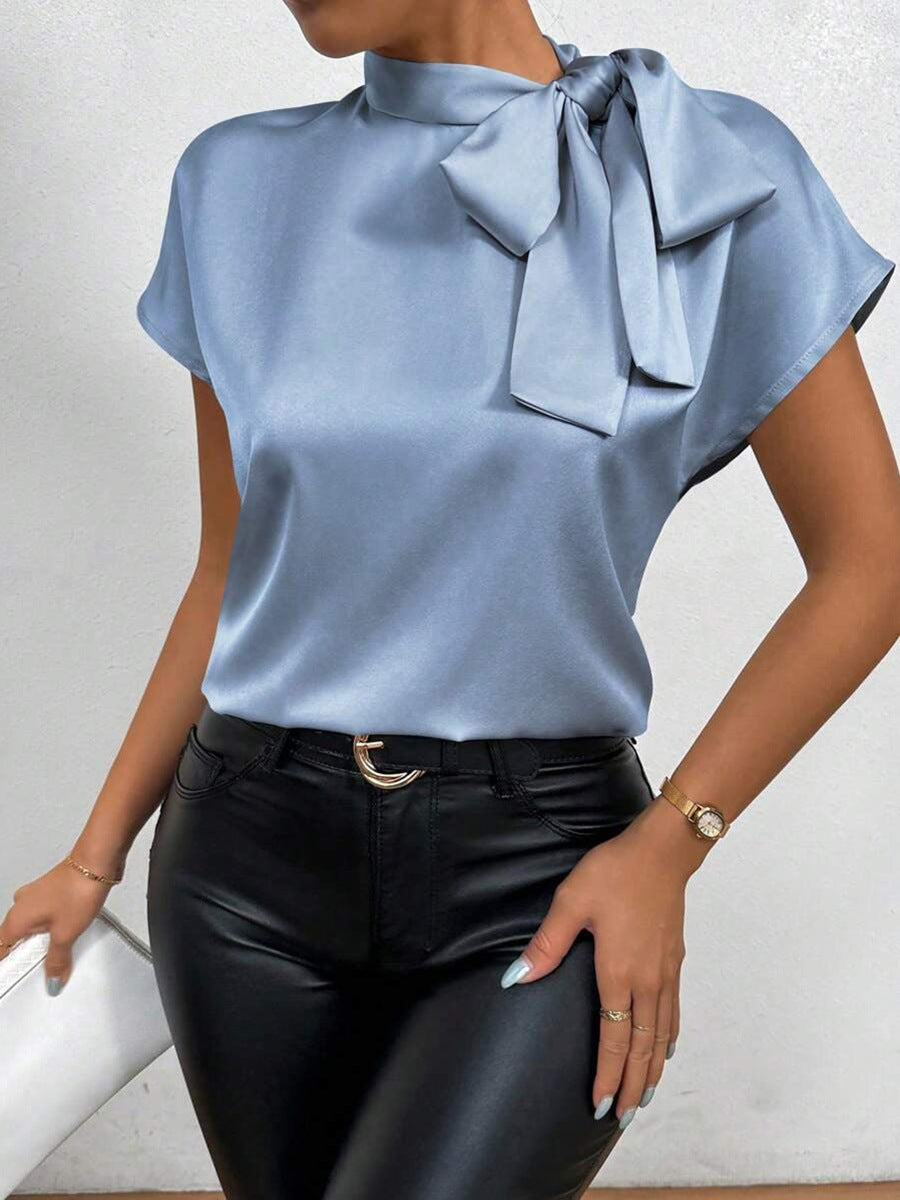 WW | Satinbluse Kurzarm Hoher Kragen Mit Schleife Eleganter Entspannter Schnitt