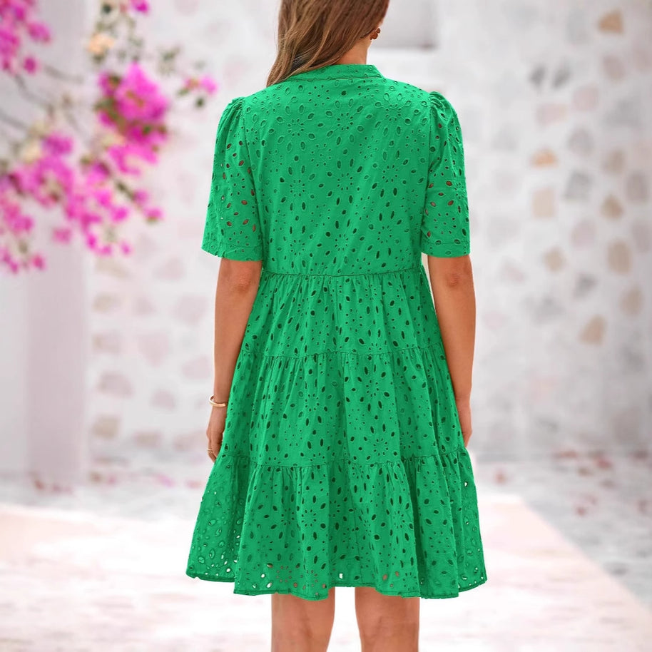 Damen luftiges Midikleid mit romantischem Lochmuster und V-Ausschnitt WW