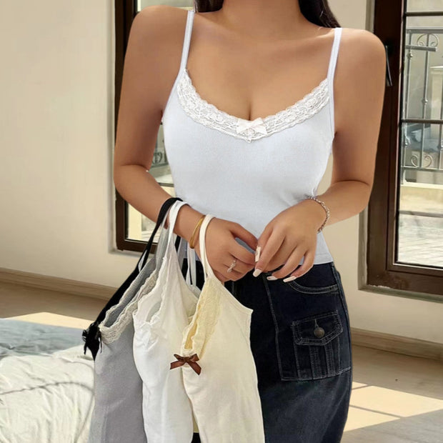 Damen Spaghetti-Trägershirt mit Spitzenbesatz und Schleifendetail WW