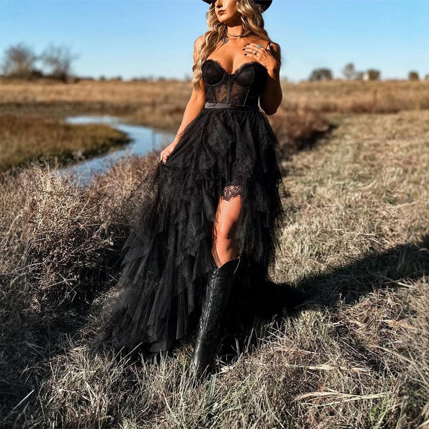 WW | Strapazierfähiges Fischgrät-Mesh-Lace Pure Desire Maxi-Kleid