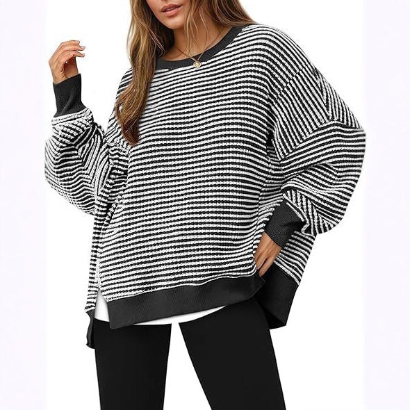 Damen lässiger gestreifter Oversized Pullover WW