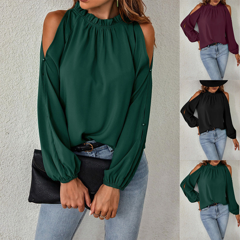 Damen elegante Bluse mit offenem Schulterdesign und Rüschenkragen WW