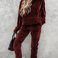 Damen sportliches Velours-Loungewear-Set mit Kapuze und elastischem Bund WW