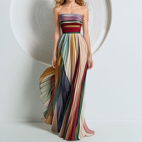 Damen Elegantes Maxikleid mit gerafftem Oberteil und farbenfrohem Streifenmuster WW