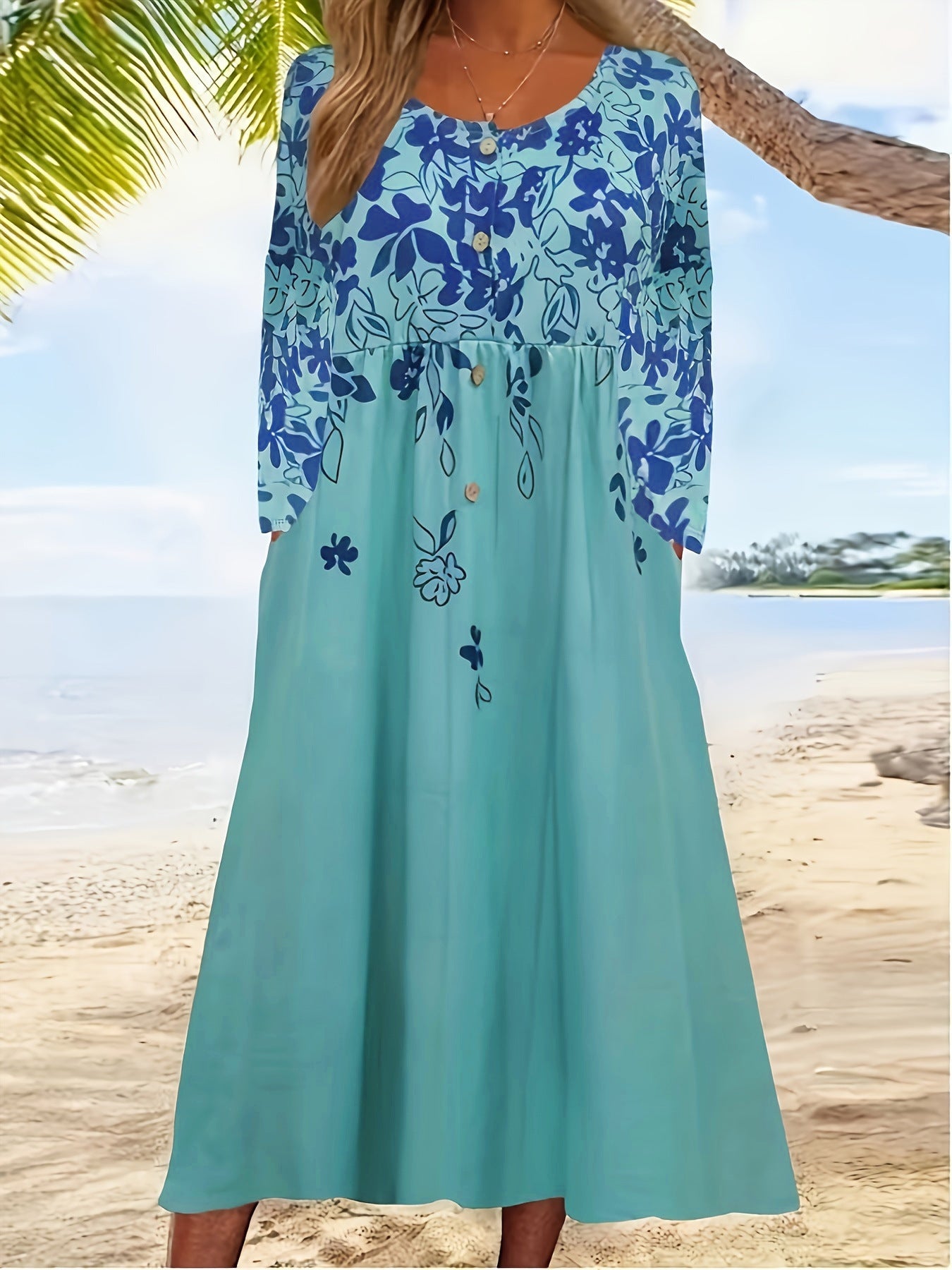Damen Boho Maxikleid mit floralem Print und knöpfbarem Oberteil WW