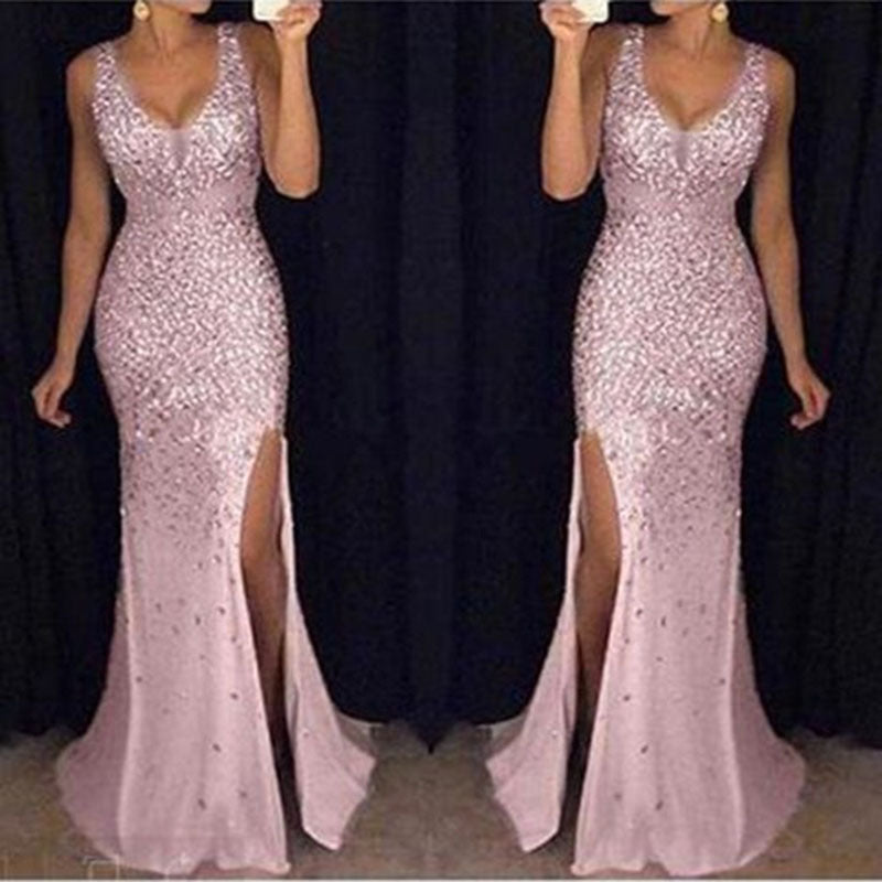 Damen Funkelndes Abendkleid mit tiefem V-Ausschnitt und seitlichem Schlitz WW