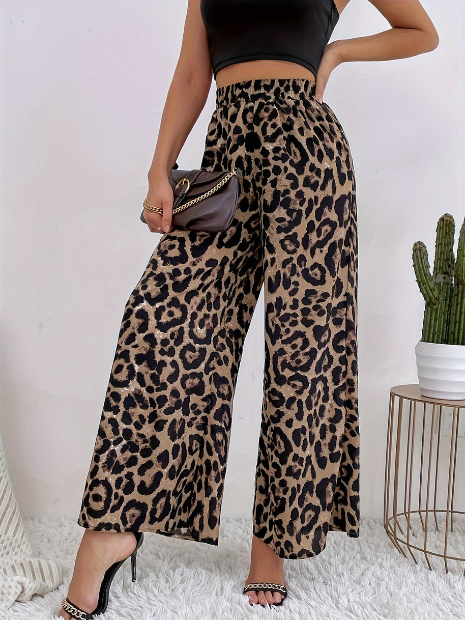 Damen Weite Leopard-Hosen aus fließendem Material mit elastischem Bund WW