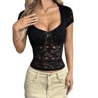 Damen Spitzenoberteil mit tiefem Ausschnitt und Schleifen-Detail WW