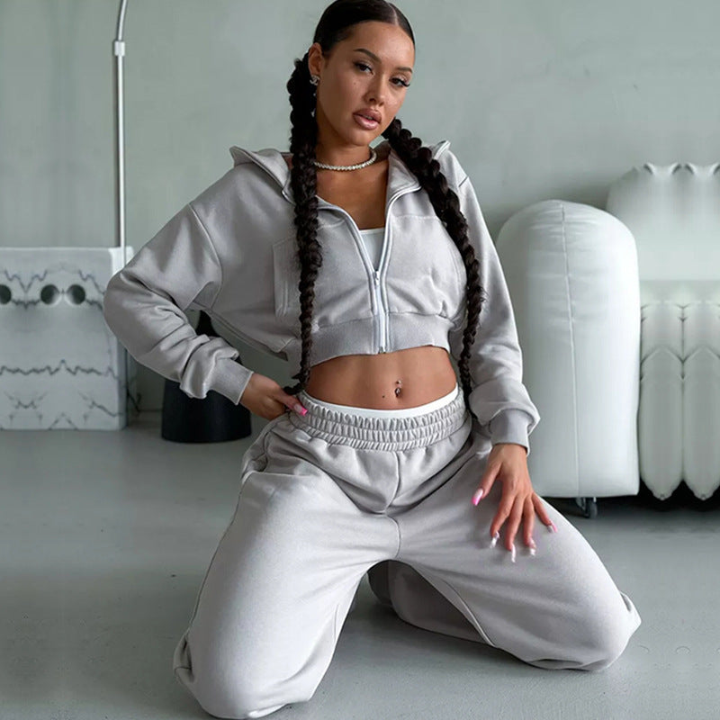 Damen sportliches Cropped Oberteil und weite Freizeithosen Set WW