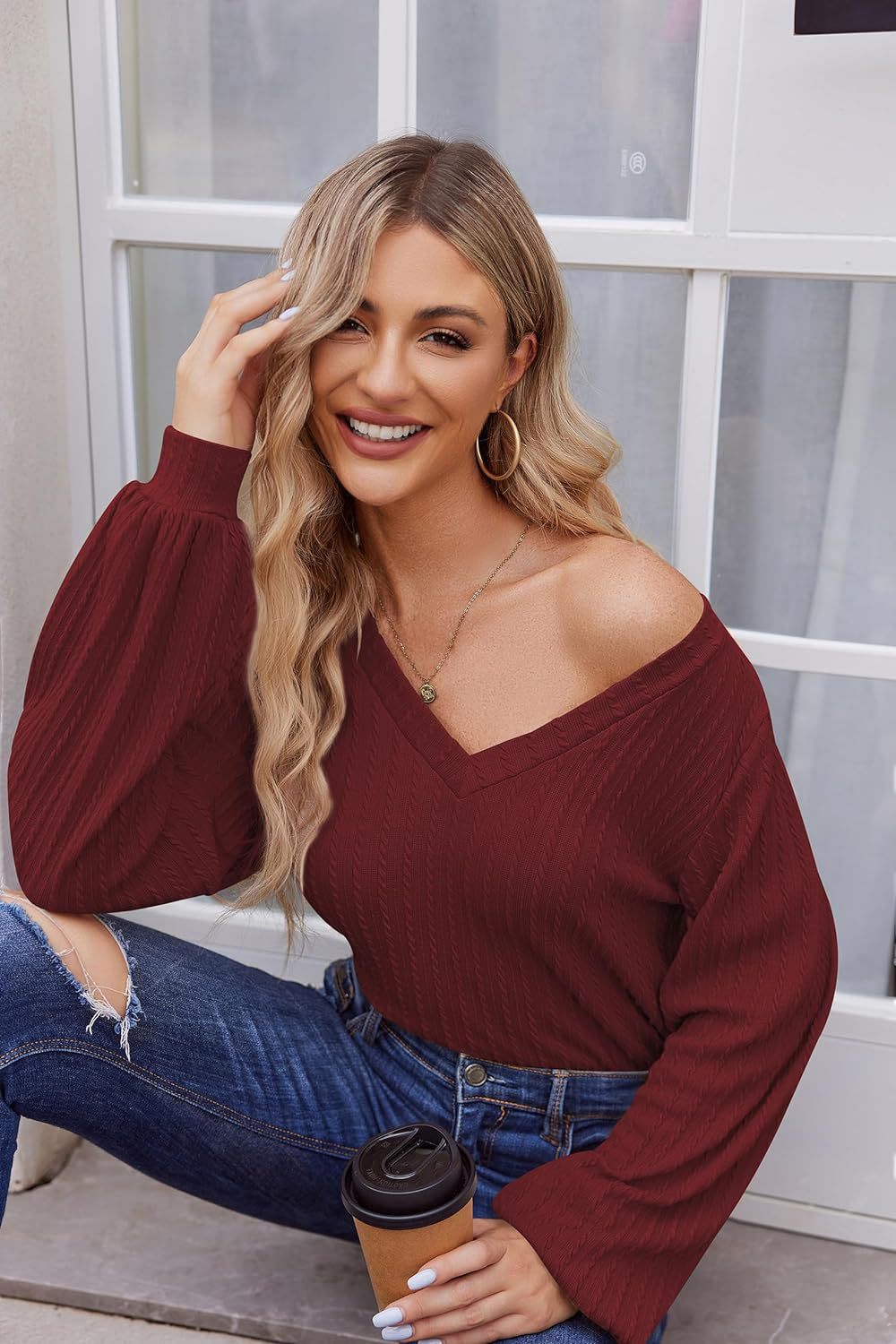 Damen Strickbluse mit feiner Rippstruktur und lässigem V-Ausschnitt WW