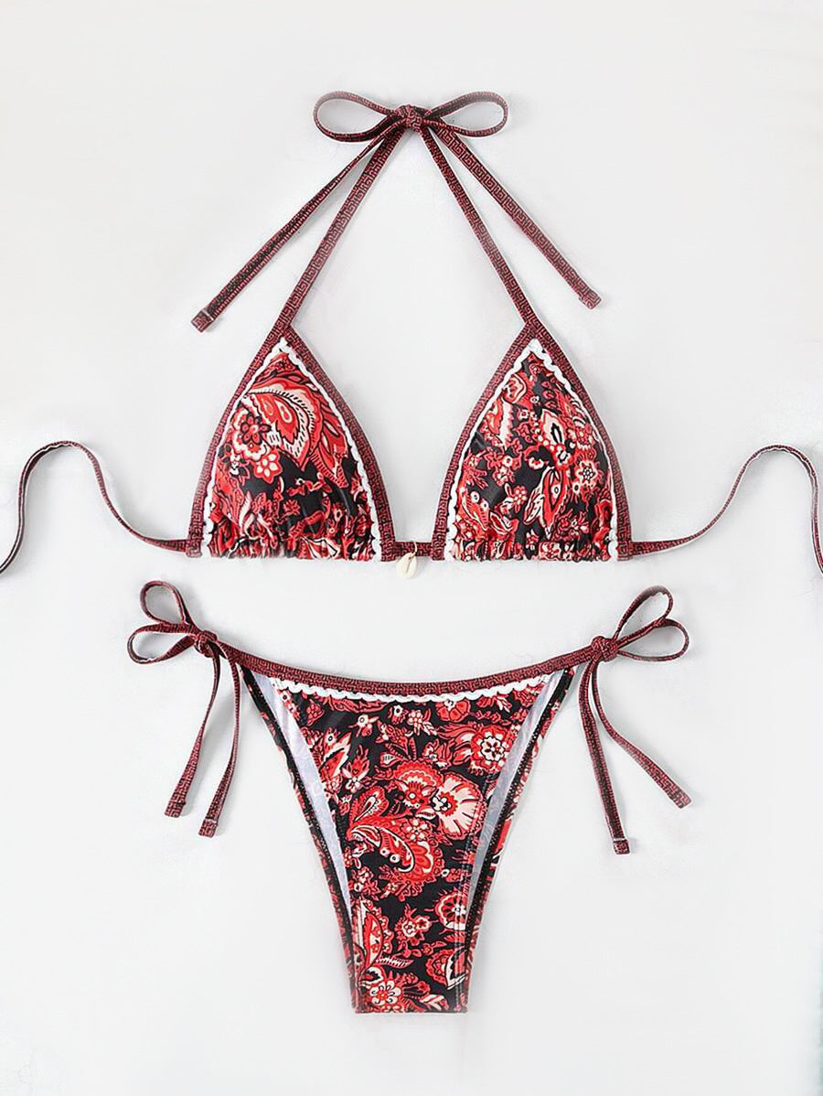 Damen Triangel-Bikini-Set mit verspieltem Blumenmuster und verstellbaren Bindebändern WW