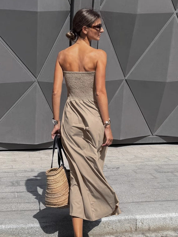 Damen Lange Boho-Strandkleid mit trägerlosem Design und raffiniertem Schnitt WW